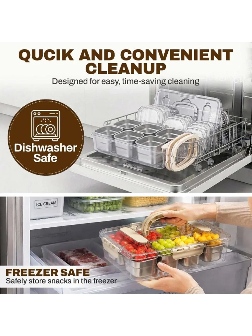 Stainless Steel Snack Organizer Box with Lid & Handle - 8 Compartment Tray for